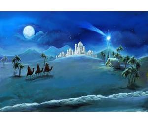 AOFOTO 6x4ft Christmas Backdrop Nativity Scene Holy Family and Three Kings Photography Background Christmas Star Night Starlight Desert Manger Birth of Jesus Backdrop Christian Xmas Photo Props