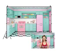 AOFOTO 7x5ft Kitchen Backdrop Retro 50s Diner Cooking Backdrop Background for Photography Pink Green Kitchen 1950s Dinner Party Birthday Decorations Banner Kids Adult Baking Photo Shoot Props
