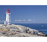 AOFOTO 7x5ft Peggy's Cove Lighthouse Backdrops for Trip Seaside Rock Ocean Scene Blue Water and Shy White Cloud Photography Background Adults Travel Artistic Portrait Vinyl Photo Studio Drapes