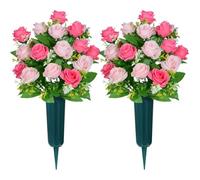 AOFOX Artificial Cemetery Flowers with Vase, Rose Bouquet, Graveyard Memorial Flowers for Grave Headstone Arrangements Set of 2 (Mixed Pink)