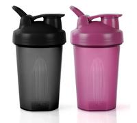 AOGOE Protein Shaker Bottle with Stainless Steel Mixing Ball 400ml, 2pcs Protein & Supplement Shaker Bottle, Leak Proof Flip Flop Lid Shake Bottle Mixer, BPA Free Protein Shake Bottle, Black + Purple