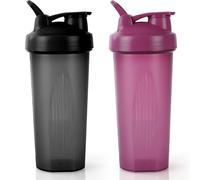 AOGOE Protein Shaker Bottle with Stainless Steel Mixing Ball 600ml, 2pcs Protein & Supplement Shaker Bottle, Leak Proof Flip Flop Lid Shake Bottle Mixer, BPA Free Protein Shake Bottle, Black + Purple