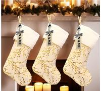 AOGU 3pcs 20 Inch Gold Faux Fur Christmas Stockings with Berries Branches for Merry Christmas Xmas Party Home Tree Decoration