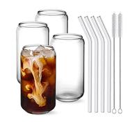 Aoguaro Drinking Glasses With Glass Straw 4pcs Set 16oz Can Shaped Glass Cups Both Hot and Cold, for Juice Milk Beer Iced Coffee Whiskey Soda Tea Water etc With 2 Cleaning Brushes Gift kit