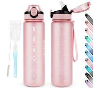 AOHAN Water Bottles 1L BPA Free Sport Drinking Bottle with Straw, Dishwasher Safe Lock Cover Leakproof Motivational Water Bottle with Time Markings, Non-Toxic Canteen Bottle (Light Pink)