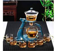 Aoheuo Kungfu Glass Tea Set Set with Heater Water Diversion Rotating Cover Bowl Lazy Semi-Automatic Glass Teapot (Blue)