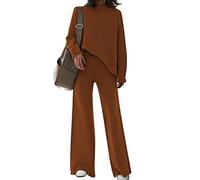 AOHITE Women's Knit Sweatsuit Turtleneck Sweater Top Wide Leg Pants 2 Piece Outfits Oliver Coffee X-Large, A Coffee, XL