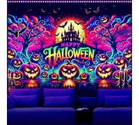 AOHMPT Glow-in-the-Dark Halloween Tapestry - UV Reactive Black Light Wall Hanging Decor for Spooky Parties, Bedroom, Living Room (Pumpkin-Castle, 79L x 59W, Unframed)