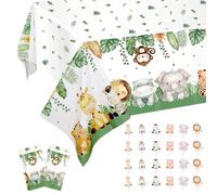 Aohyue 2 Pack Jungle Theme Birthday Tablecloth, Wild One Safari Party Decorations, Large Rectangular Plastic Table Cloth 137 x 274 cm, with 24 Animal Flags