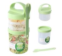 Aohyue Double-Layer Yogurt Pot, 560ml+360ml, Reusable Yogurt Pots, Overnight Oats Container with Fork, BPA Free, Built-in Sauce Box, Suitable for Office, School and Picnic, Green