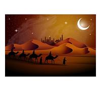 Aoihrraan 1,5x1m Desert Night Backdrop Cartoon Sand Dunes Starry Sky Moon Temple Silhouette Arabian Camel Team Scene Photography Background Religion Culture Party Photo Studio Prop Vinyl Wallpaper