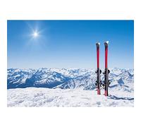 Aoihrraan 1,5x1m Winter Scene Backdrop Snow Mountain Snowy Peak Red Ski Board Sleigh Sunny Wonrland Photography Background Climbing Sport Themed Party Kids Teens Adult Portrait Photo Studio Props