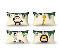 Aoihrraan 12 x 20 Inch Cute Cartoon Animal Cushion Covers Forest Monkey Giraffe Floral Plant Beige Soft Short Plush Square Baby Throw Pillow Cover Children'S Party Kid Sofa Bed Car, 30x50cm Set of 4