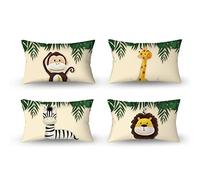 Aoihrraan 12 x 20 Inch Cute Cartoon Animal Cushion Covers Forest Monkey Giraffe Floral Plant Beige Square Linen Baby Decorative Throw Pillow Cover Children's Party Kid Sofa Bed Car, 31x51cm Set of 4