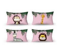 Aoihrraan 12 x 20 Inch Cute Cartoon Animal Cushion Covers Forest Monkey Giraffe Floral Plant Soft Short Plush Square Light Pink Throw Pillow Covers Kids Sofa Baby Children Bedroom, 30x50cm Set of 4