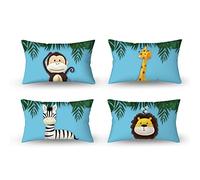 Aoihrraan 12 x 20 Inch Cute Cartoon Animal Cushion Covers Forest Monkey Giraffe Floral Plant Soft Short Plush Square Baby Blue Throw Pillow Covers Children'S Party Kid Sofa Bed Car, 30x50cm Set of 4