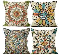 Aoihrraan 16 x 16 Inch Cushion Covers Colorful Bohemian Mandala Flower Square Linen Throw Pillow Covers Home Decor For Farmhouse Bedroom Living Room Sofa Outdoor Garden Couch, 41x41cm Set of 4
