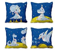 Aoihrraan 16 x 16 Inch Cute Cartoon Animal Cushion Covers Dark Blue Starry Sky Dinosaur Planet Square Linen Baby Decorative Throw Pillow Cover Children's Party Kid Sofa Bed Car, 41x41cm Sets of 4