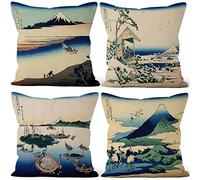 Aoihrraan 16 x 16 Inch Japanese Art Print Cushion Covers 36 Views Of Fuji Mountain Winter Nature Square Linen Throw Pillow Covers Japan Tavern Sofa Outdoor Couch Bedroom Tatami, 41x41cm Set of 4