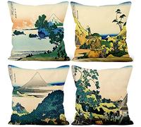 Aoihrraan 16 x 16 Inch Japanese Art Print Throw Pillow Covers 36 Views Of Fuji Mountain Nature Soft Short Plush Square Cushion Covers Japan Tavern Sofa Outdoor Couch Bedroom Tatami, 40x40cm Set of 4