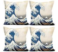 Aoihrraan 16 x 16 Inch Japanese Art Print Throw Pillow Covers Traditional Oriental With Ocean Waves Foam Soft Short Plush Square Cushion Covers Living Room Sofa Outdoor Couch Bed, 40x40cm Set of 4