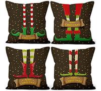Aoihrraan 16 x 16 Inch Merry Christmas Cushion Covers Magic Elf Shoes Gold Stras Square Linen Decorative Throw Pillow Covers Farmhouse Living Room Sofa Outdoor Couch Car, 41x41cm Set of 4 Dark Green