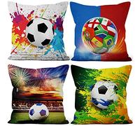 Aoihrraan 16 x 16 Inch Rainbow Football Cushion Covers Football Blue Sky Green Grass Soccer Field Square Linen Throw Pillow Covers Soccer Match Boy Sofa Bedroom Outdoor Couch, 41x41cm Set of 4