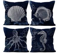 Aoihrraan 16 x 16 Inch Sea Theme Cushion Covers Navy Blue Turtle Fish Seahorse Conch Shells Square Linen Throw Pillow Covers Home Decorative For Bedroom Indoor Outdoor Sofa Couch, 41x41cm Set of 4