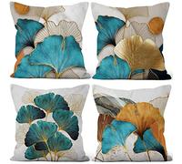 Aoihrraan 16 x 16 Inch Teal Leaf Cushion Covers Green And Gold Leaves Square Soft Short Plush Throw Pillow Covers Home Decor For Living Room Sofa Bed Outdoor Patio Garden Couch Car, 40x40cm Set of 4