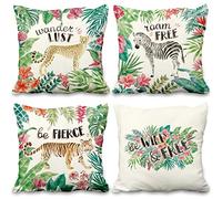 Aoihrraan 16 x 16 Inch Wild And Free Cushion Covers Tropical Leaves Flower Jungle Animals Soft Short Plush Square Throw Pillow Covers For Living Room Bed Sofa Outdoor Garden Couch, 40x40cm Set of 4