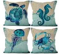 Aoihrraan 18 x 18 Inch 46x46cm Set of 4 Cushion Covers Underwater World Animals Square Linen Decorative Throw Pillow Covers With Invisible Zipper Home Decor For Bedroom Couch Garden Sofa Pillowcase