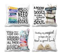 Aoihrraan 18 x 18 Inch Book Cushion Covers Need All These Books White Soft Short Plush Square Throw Pillow Covers Decor For Read Room School Office Sofa Library Outdoor Garden Couch, 45x45cm Set of 4