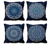 Aoihrraan 18 x 18 Inch Cushion Covers Dark Blue Bohemian Mandala Flower Indian Hippie Boho Style Square Linen Throw Pillow Covers Bedroom Living Room Sofa Outdoor Garden Couch Car, 46x46cm Set of 4