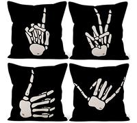Aoihrraan 18 x 18 Inch Halloween Cushion Covers One Two Good Six Skull Hand Square Linen Throw Pillow Covers Trick Or Treat Party Decor For Living Room Bed Outdoor Sofa, 46x46cm Set of 4 Black White