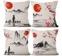 Aoihrraan 18 x 18 Inch Japanese Style Cushion Covers Red Sun Black And White Landscape Mount Fuji Square Linen Decorative Throw Pillow Covers Japan Tavern Pillowcases Sofa Tatami, 46x46cm Set of 4