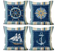 Aoihrraan 18 x 18 Inch Nautical Sailing Cushion Covers Anchor Sailor Rudder Compass Sailboat Ship Print Square Linen Throw Pillow Covers Bedroom Living Room Outdoor Garden Sofa, 46x46cm Set of 4