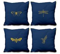 Aoihrraan 18 x 18 Inch Navy Blue Cushion Covers Gold Line Dragonfly Butterfly Hummingbird Bee Square Linen Throw Pillow Covers For Living Room Sofa Outdoor Garden Couch, 46x46cm Set of 4 Pillowcases