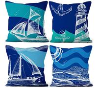 Aoihrraan 18 x 18 Inch Ocean Navigation Cushion Covers Blue Sailing Ship Nautical Lighthouse Sailboat Square Linen Throw Pillow Cover Bedroom Living Room Indoor Outdoor Sofa Couch, 46x46cm Set of 4