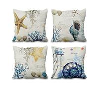 Aoihrraan 18 x 18 Inch Ocean Themed Cushion Covers Beach Conch Starfish Coral Square Linen Throw Pillow Covers Home Decor For Summer Bedroom Living Room Outdoor Garden Sofa Car, 46x46cm Set of 4