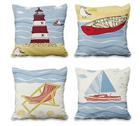 Aoihrraan 18 x 18 Inch Seaside Cushion Covers Ocean Beach Chair Boat Rudder Lighthouse Square Linen Throw Pillow Covers Home Decor For Bed Living Room Sofa Outdoor Garden Couch, 46x46cm Set of 4