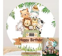 Aoihrraan 180cm Diameter Animals Birthday Round Backdrop Cute Jungle Safari Forest Greenery Car Zoo Animals Background 1st 2nd Baby Birthday Newborn Party Kids Children Portrait Photo Studio Props