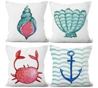 Aoihrraan 18x18 Inch Ocean Pillow Covers Watercolor Conch Shell Crab Anchor Wave Sea Beach Stripe Short Plush Cushion Covers for Bedroom Sofa Couch Chair Home Outdoor Car Decor 45x45cm Set of 4