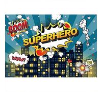 Aoihrraan 2,7x1,8m Super Hero Backdrop Super City Nightscape Abstract Star Moon Comic Downtown Building Photography Background Boy Birthday Party Baby Shower Kid Children Portrait Photo Studio Props