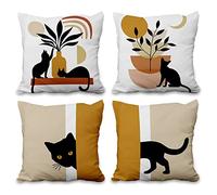 Aoihrraan 20 x 20 Inch Black Cat Cushion Covers Boho Abstract Art Square Linen Throw Pillow Covers Home Decor For Farmhouse Outdoor Patio Garden Living Room Sofa Bedroom Gifts, 51x51cm Set of 4