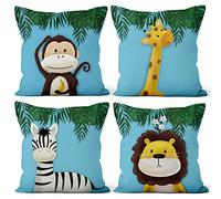 Aoihrraan 20 x 20 Inch Cute Cartoon Animal Cushion Covers Forest Monkey Giraffe Floral Plant Soft Short Plush Square Baby Blue Throw Pillow Covers Children'S Party Kid Sofa Bed Car, 50x50cm Set of 4