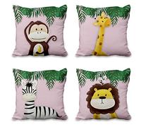 Aoihrraan 20 x 20 Inch Cute Cartoon Animal Cushion Covers Forest Monkey Giraffe Floral Plant Square Linen Light Pink Decorative Throw Pillow Cover Kid Sofa Baby Children Bedroom, 51x51cm Sets of 4
