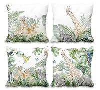Aoihrraan 20 x 20 Inch Jungle Safari Animals Cushion Covers Watercolor Forest Giraffe Lion Tropical Leaves Square Linen Throw Pillow Covers For Living Room Sofa Outdoor Garden Couch, 50x50cm Set of 4