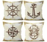 Aoihrraan 20 x 20 Inch Mediterranean Style Cushion Covers Retro Nautical Anchor Rudder Sailing Ship Nostalgic Square Linen Throw Pillow Covers Bedroom Outdoor Garden Sofa Couch, 51x51cm Set of 4