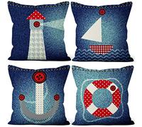 Aoihrraan 20 x 20 Inch Nautical Sailing Cushion Covers Denim Texture Navy Blue Lighthouse Sailboat Anchor Square Linen Throw Pillow Covers Boy Bedroom Indoor Outdoor Sofa Couch, 51x51cm Set of 4