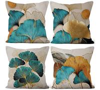 Aoihrraan 20 x 20 Inch Teal Leaf Cushion Covers Green And Gold Leaves Square Linen Decorative Throw Pillow Cover Modern Home Decor For Living Room Sofa Garden Couch Luxury Pillowcase, 51x51cm Set of 4
